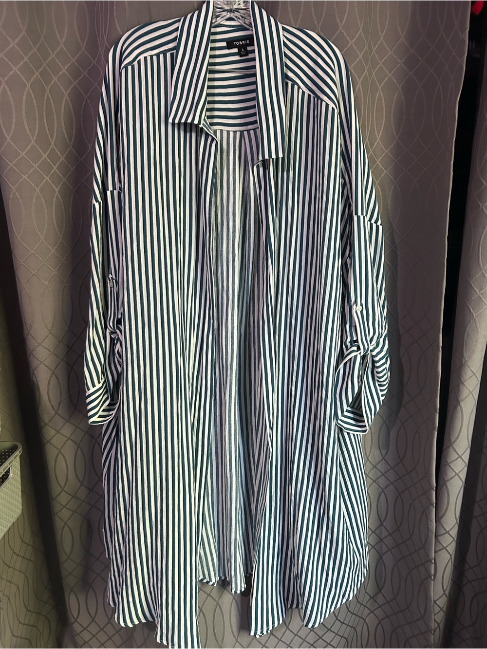 torrid Teal and White Striped Longline Shirt Jacket